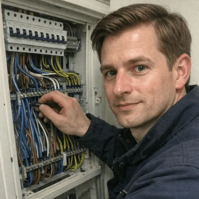 Techniker beim Verteilerkasten installieren mit Fokus auf saubere Verdrahtung