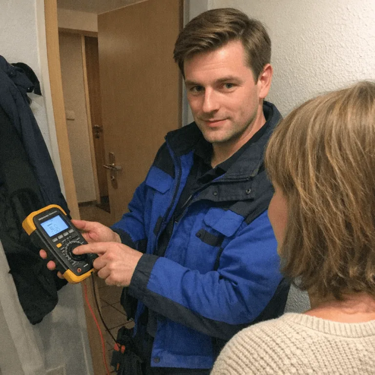 Freundlicher Techniker erklärt dem Kunden die messtechnischen Ergebnisse nach dem Stromleitung Verlegen